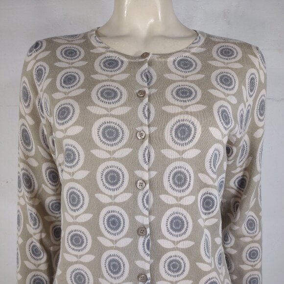 Garnet Hill ivory gray green 100% Merino Wool floral print cardigan ladies Large - Picture 2 of 7